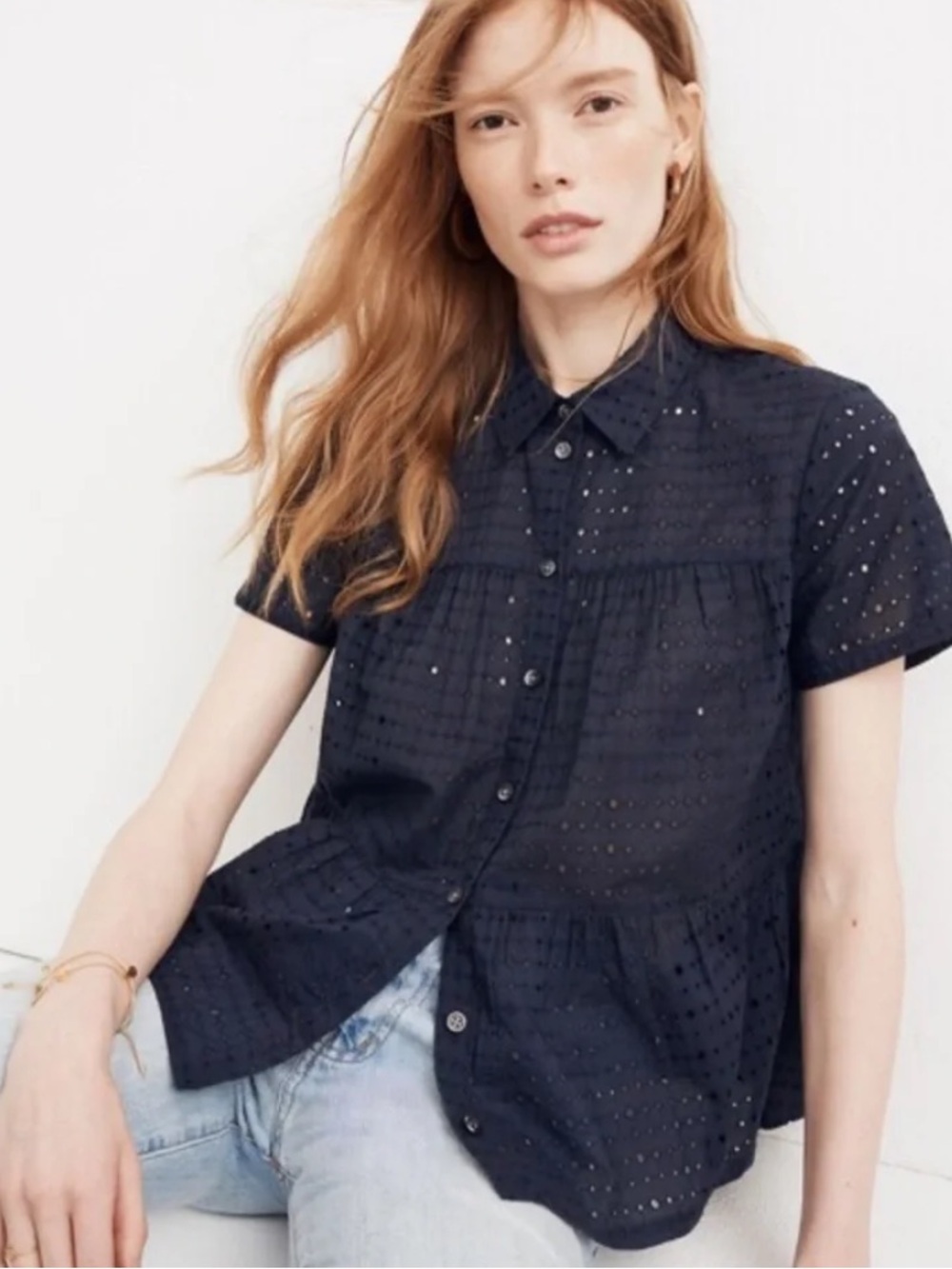 Madewell Navy Eyelet Button Short-Sleeve Blouse